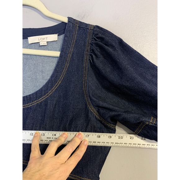 LOFT Denim Swing Dress Puff Sleeve Square Neck Dark Wash Size 10 - Picture 8 of 12